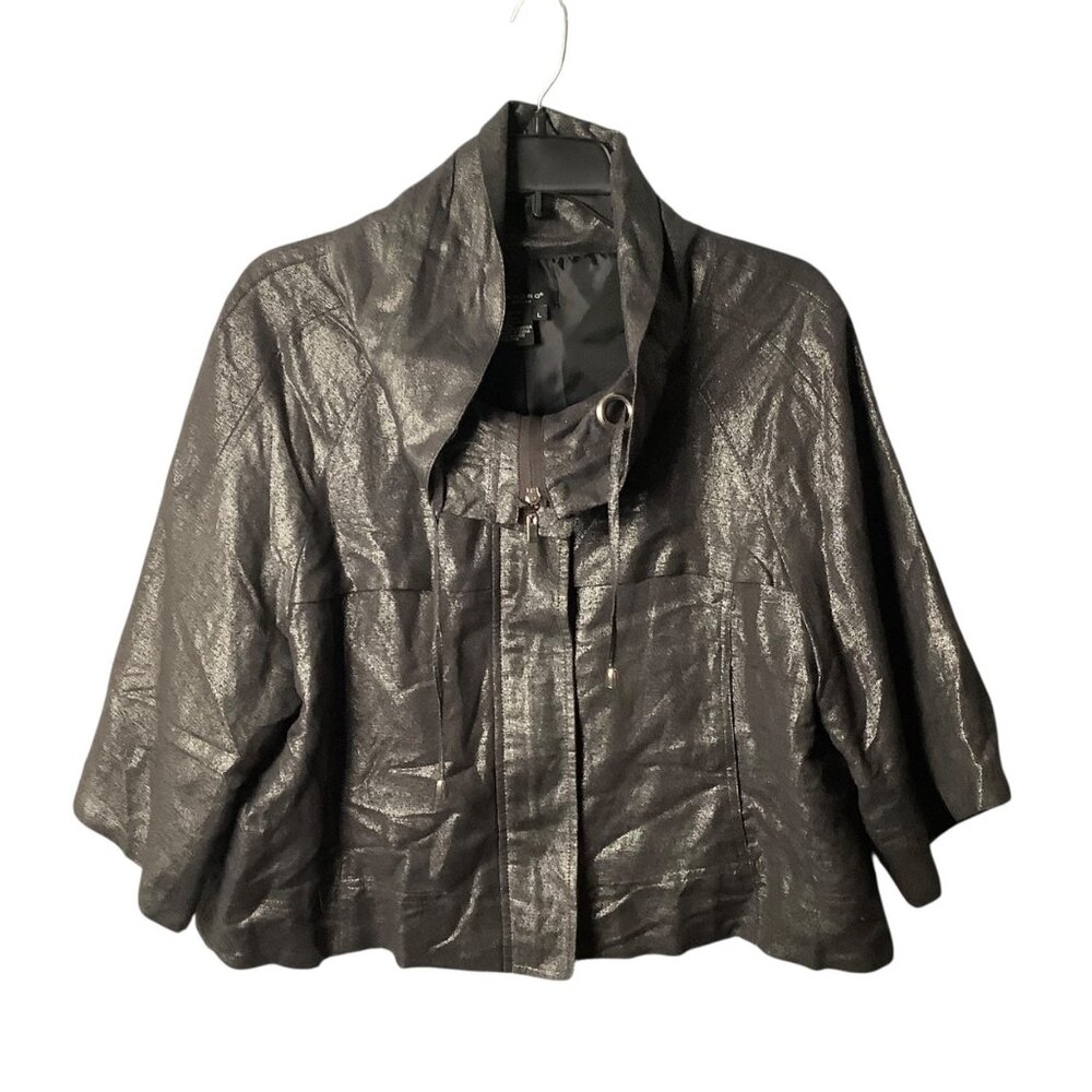 Sandro Black Metallic Shimmering Crop Jacket Linen Blend Women Large Funnel Neck